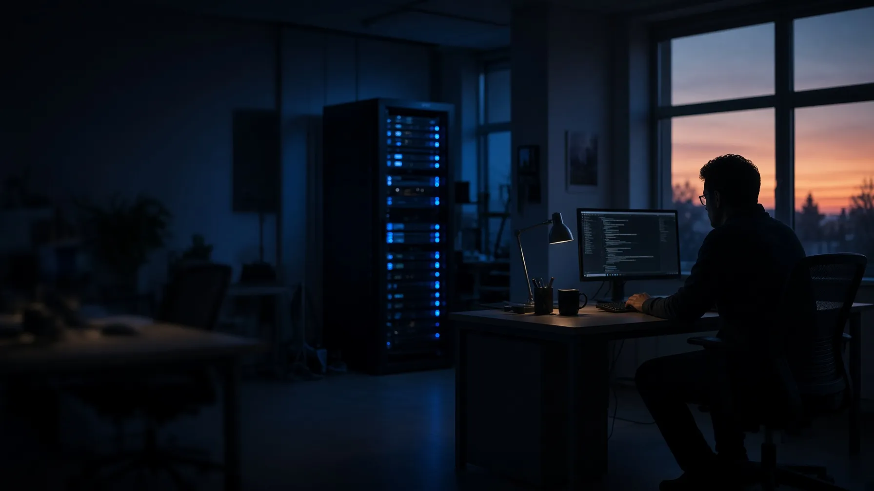 A server room at dusk with a technician working at a desk beside the racks