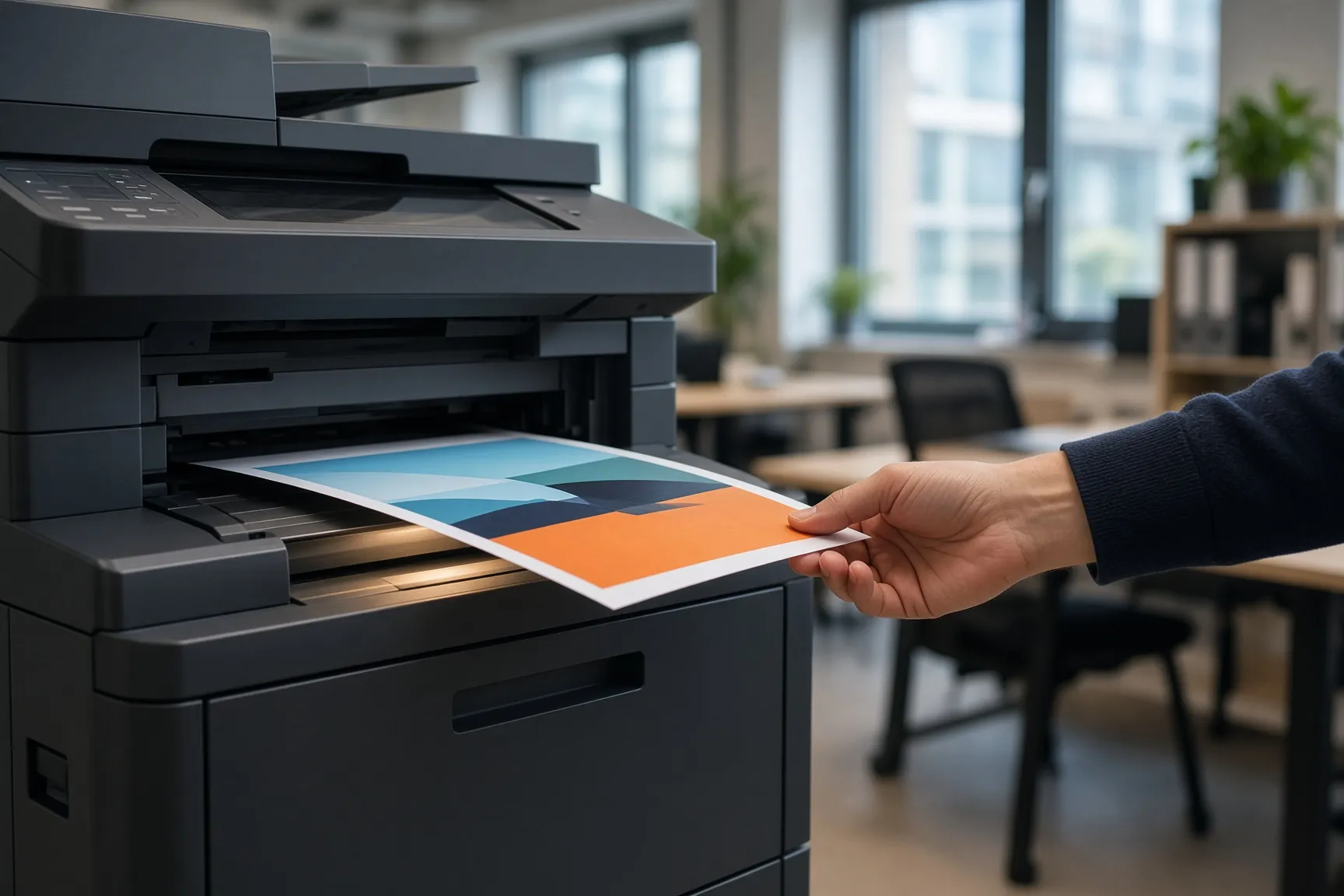 A hand pulling a freshly printed color page from an office printer